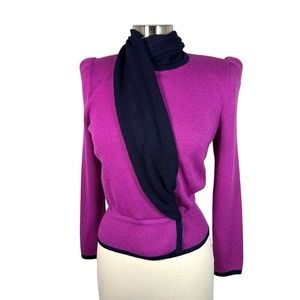 Vtg St. John x I.Magnin Wrap Sweater Jacket S Knitted Purple Navy 80s